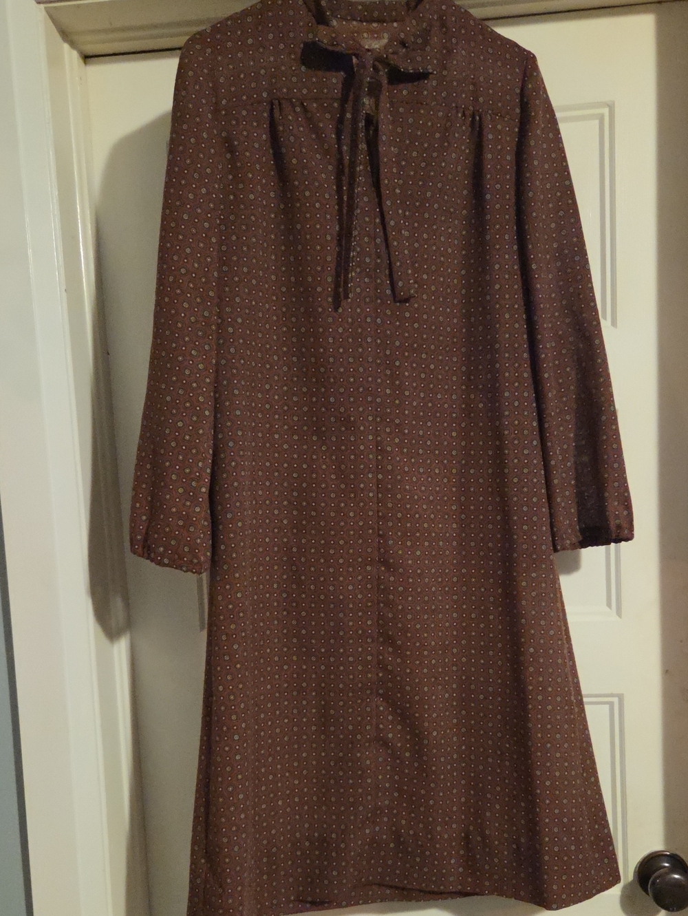 Hand Made Brown Long-Sleeve Tie-Neck Dress